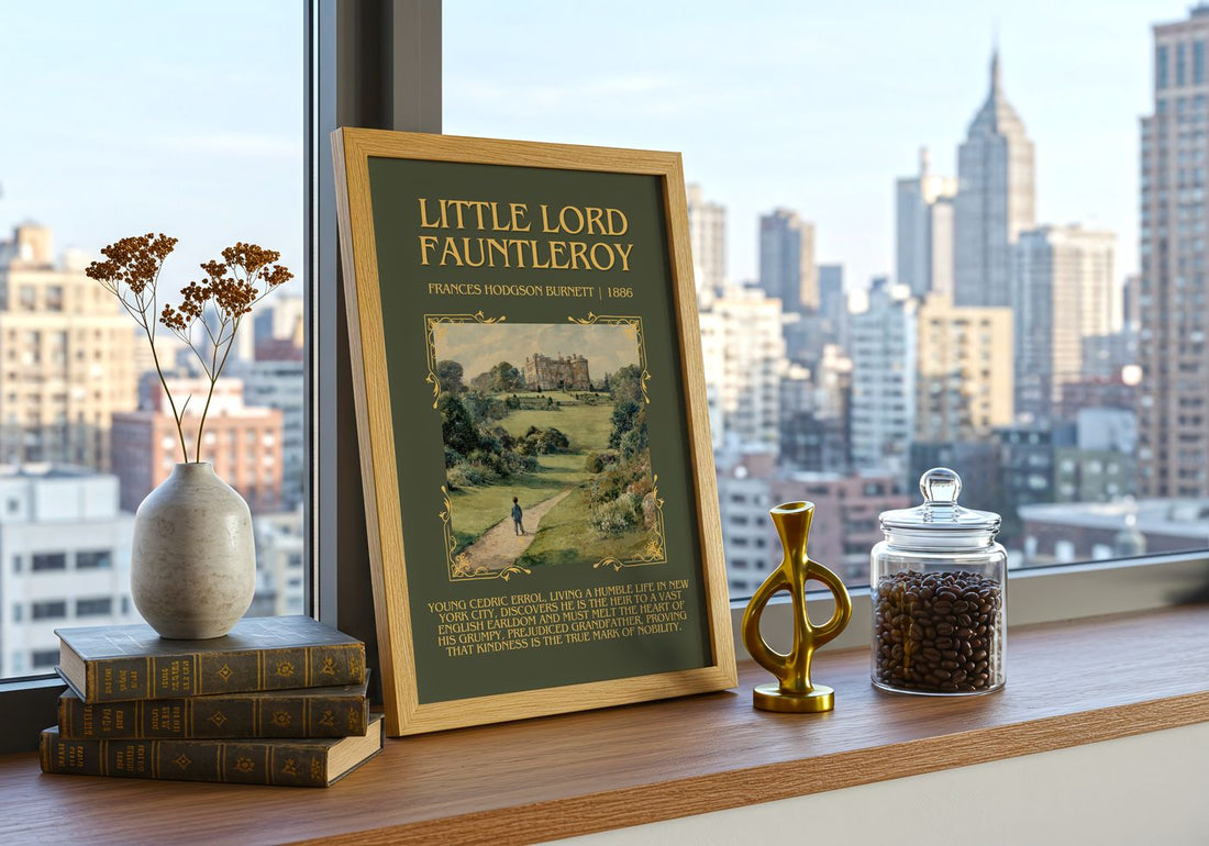 Little Lord Fauntleroy Minimalist Book Poster by F. Burnett – framed print on a city-view windowsill