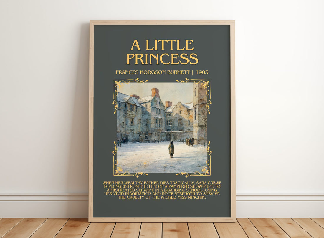 A Little Princess Minimalist Book Poster by Frances Hodgson Burnett – framed print leaning on a wooden floor