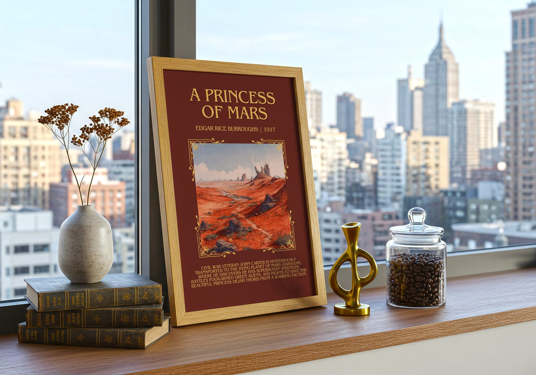 A Princess Of Mars Minimalist Book Poster by Edgar Rice Burroughs – framed print on a city-view windowsill