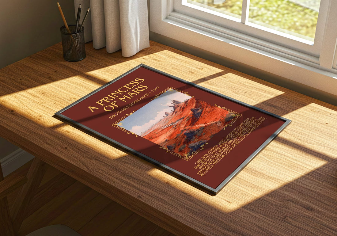 A Princess Of Mars Minimalist Book Poster by Edgar Rice Burroughs – print on a sunlit desk