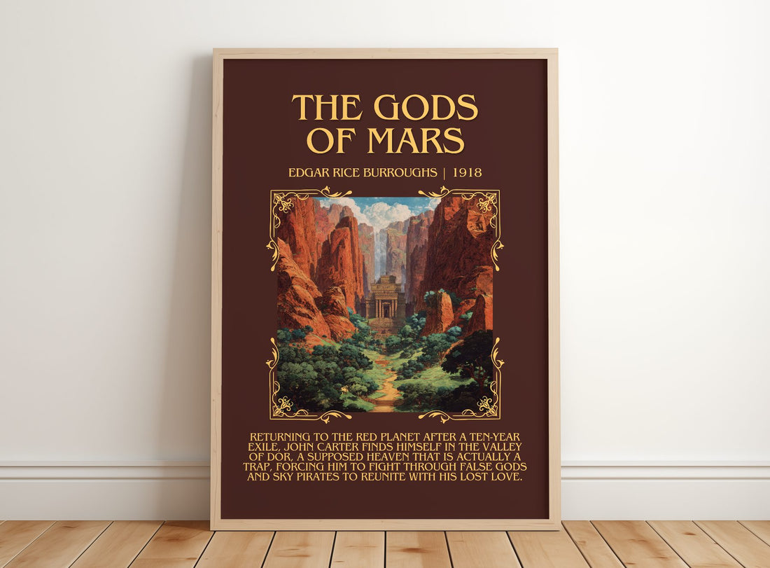 The Gods Of Mars Minimalist Book Poster by Edgar Rice Burroughs – framed print leaning on a wooden floor