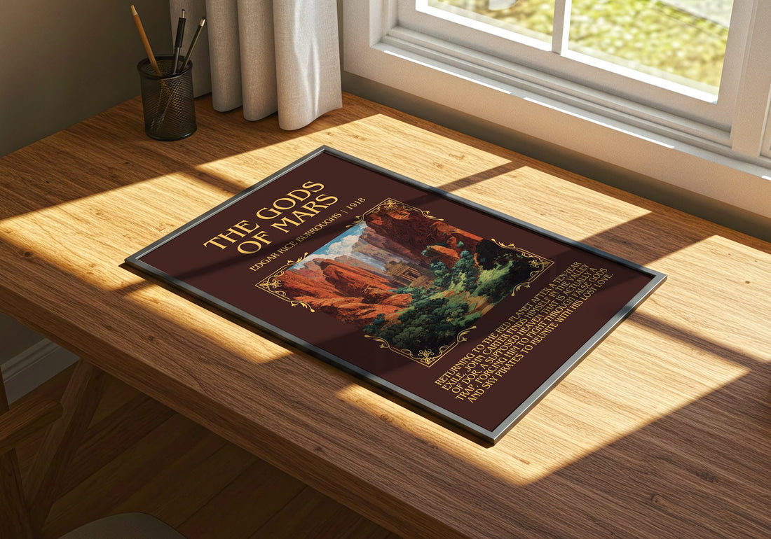 The Gods Of Mars Minimalist Book Poster by Edgar Rice Burroughs – print on a sunlit desk