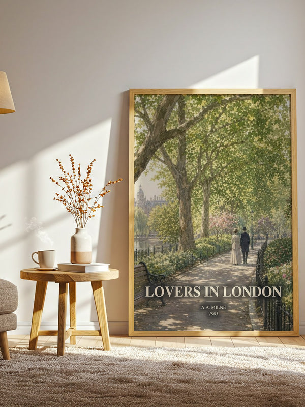 Lovers In London watercolour print in frame leaning in hallway – romance wall art