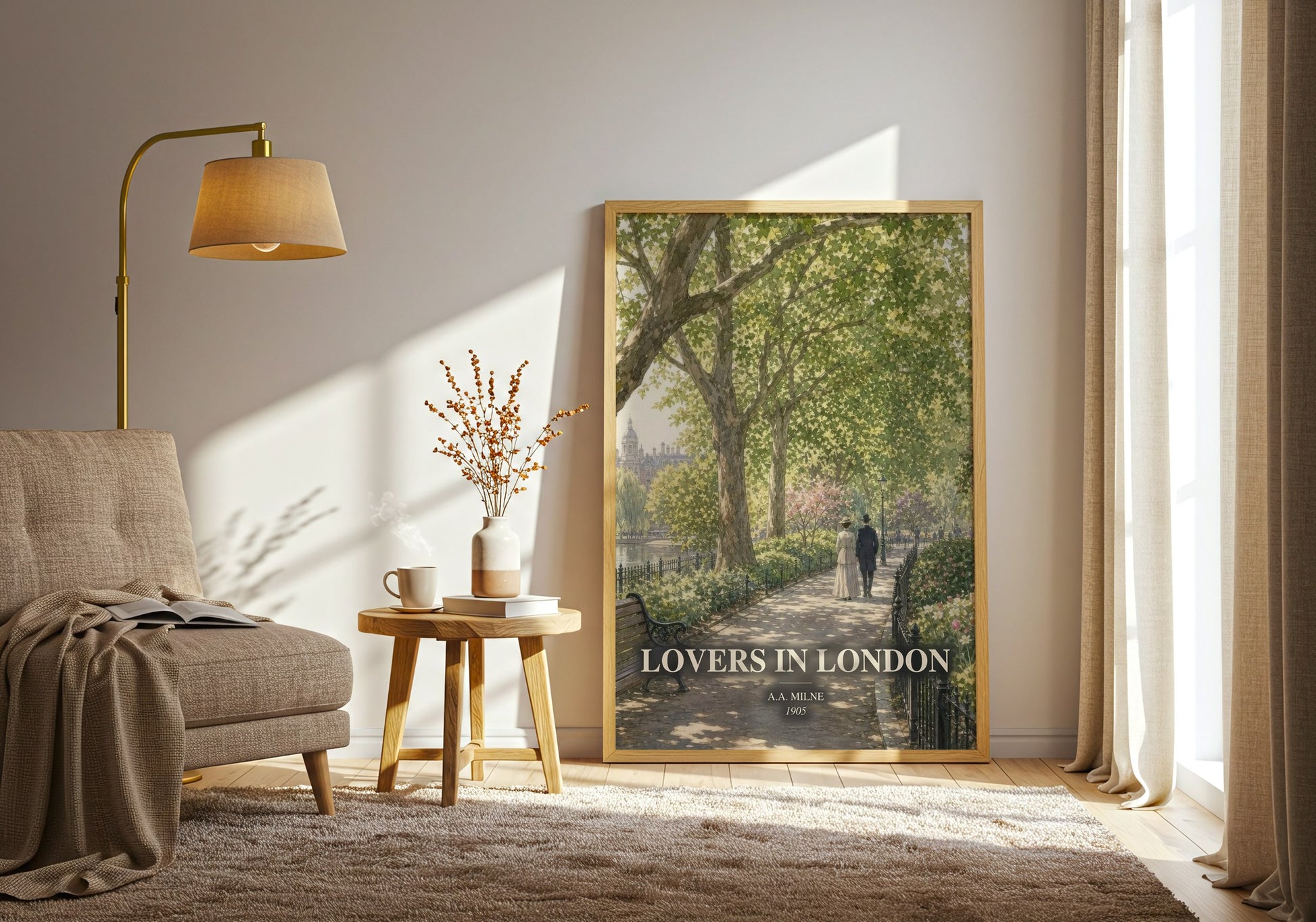 Lovers In London watercolour print in frame leaning in hallway – romance wall art