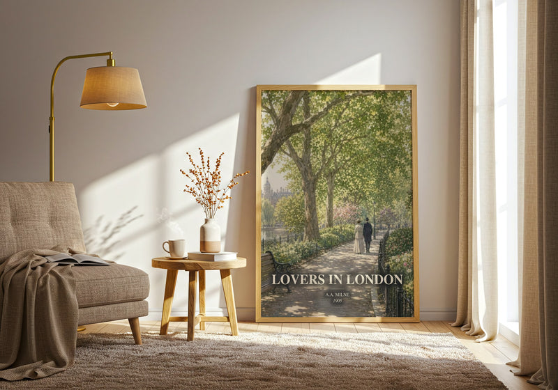 Lovers In London watercolour print in frame leaning in hallway – romance wall art