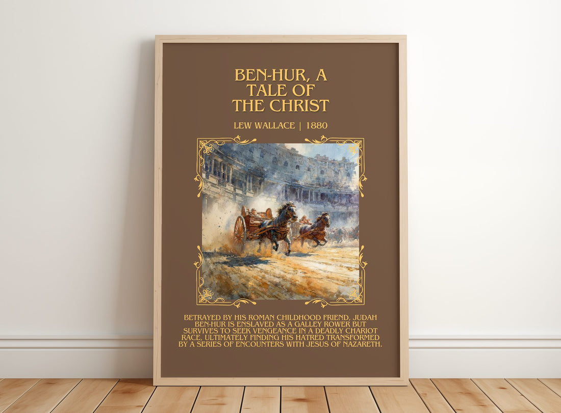 Ben-Hur, A Tale Of The Christ Minimalist Book Poster by Lew Wallace – framed print leaning on a wooden floor