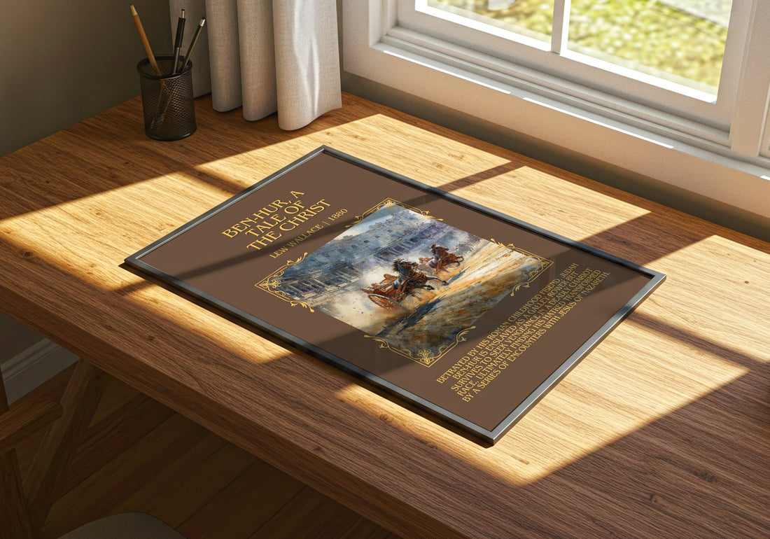 Ben-Hur, A Tale Of The Christ Minimalist Book Poster by Lew Wallace – print on a sunlit desk