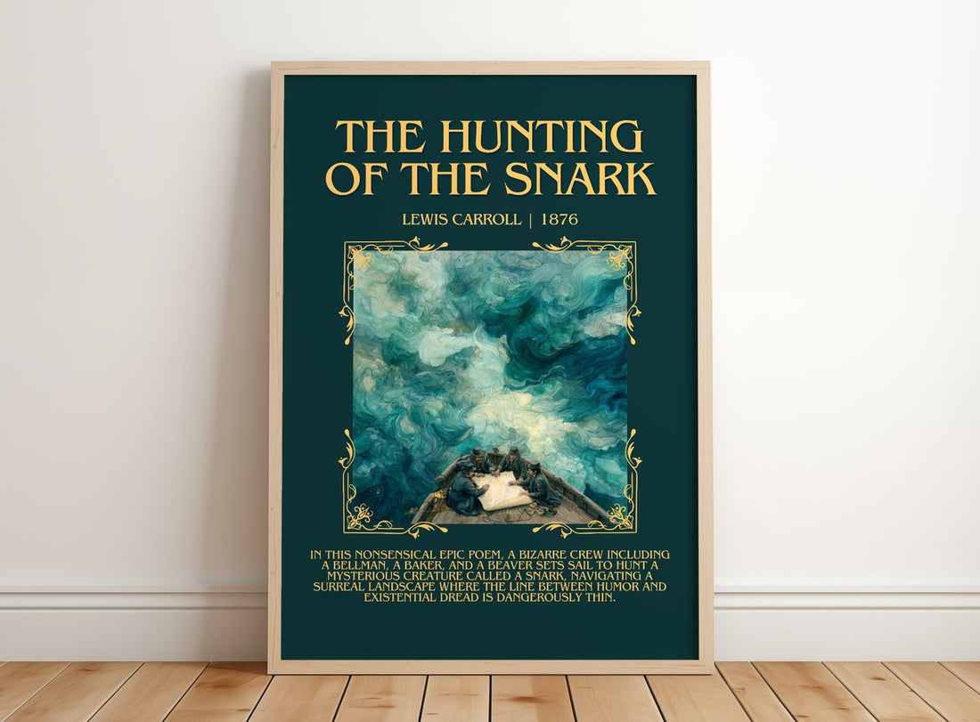 The Hunting Of The Snark Minimalist Book Poster by Lewis Carroll – framed print leaning on a wooden floor