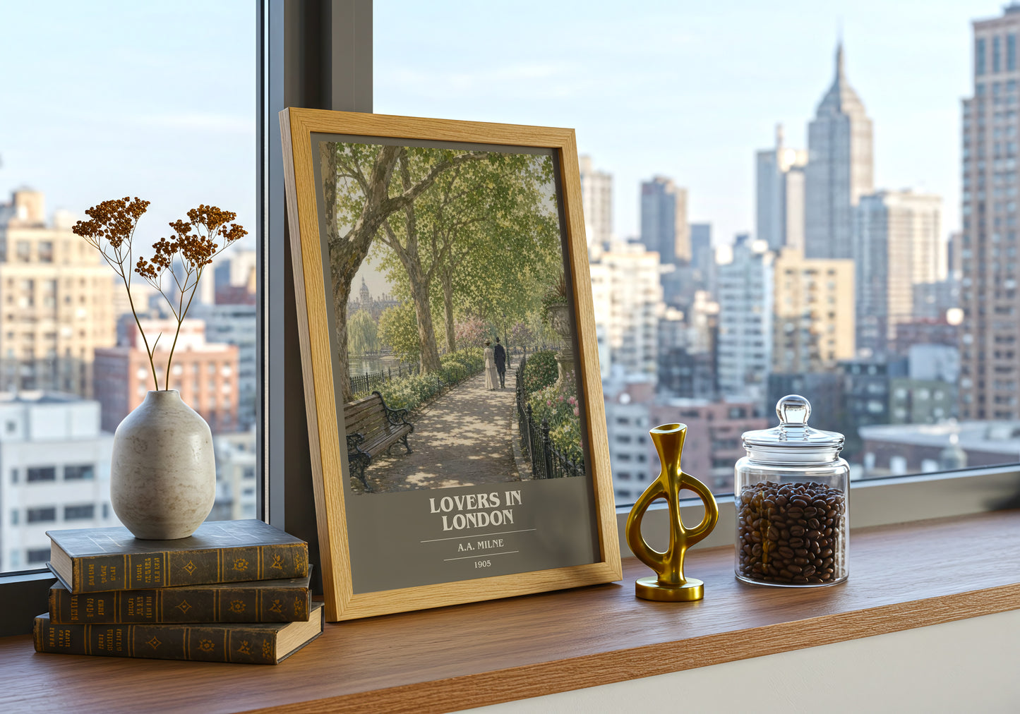 Lovers In London book cover print framed by window – literary home decor