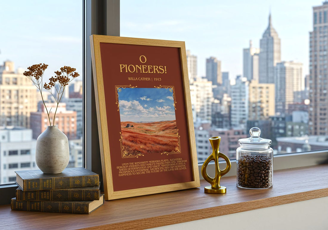 O Pioneers! Minimalist Book Poster by Willa Cather – framed print on a city-view windowsill