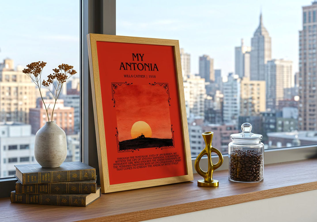 My Ántonia Minimalist Book Poster by Willa Cather – framed print on a city-view windowsill