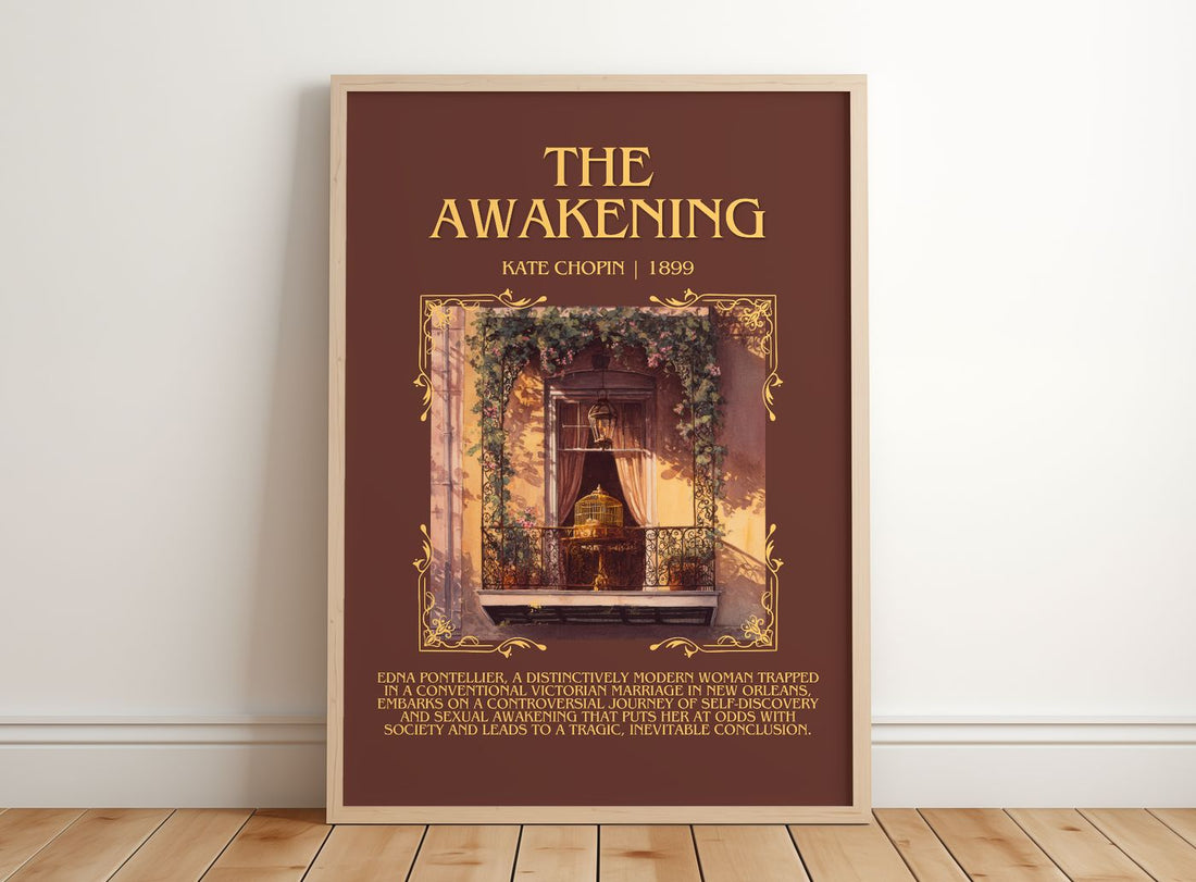 The Awakening Minimalist Book Poster by Kate Chopin – framed print leaning on a wooden floor