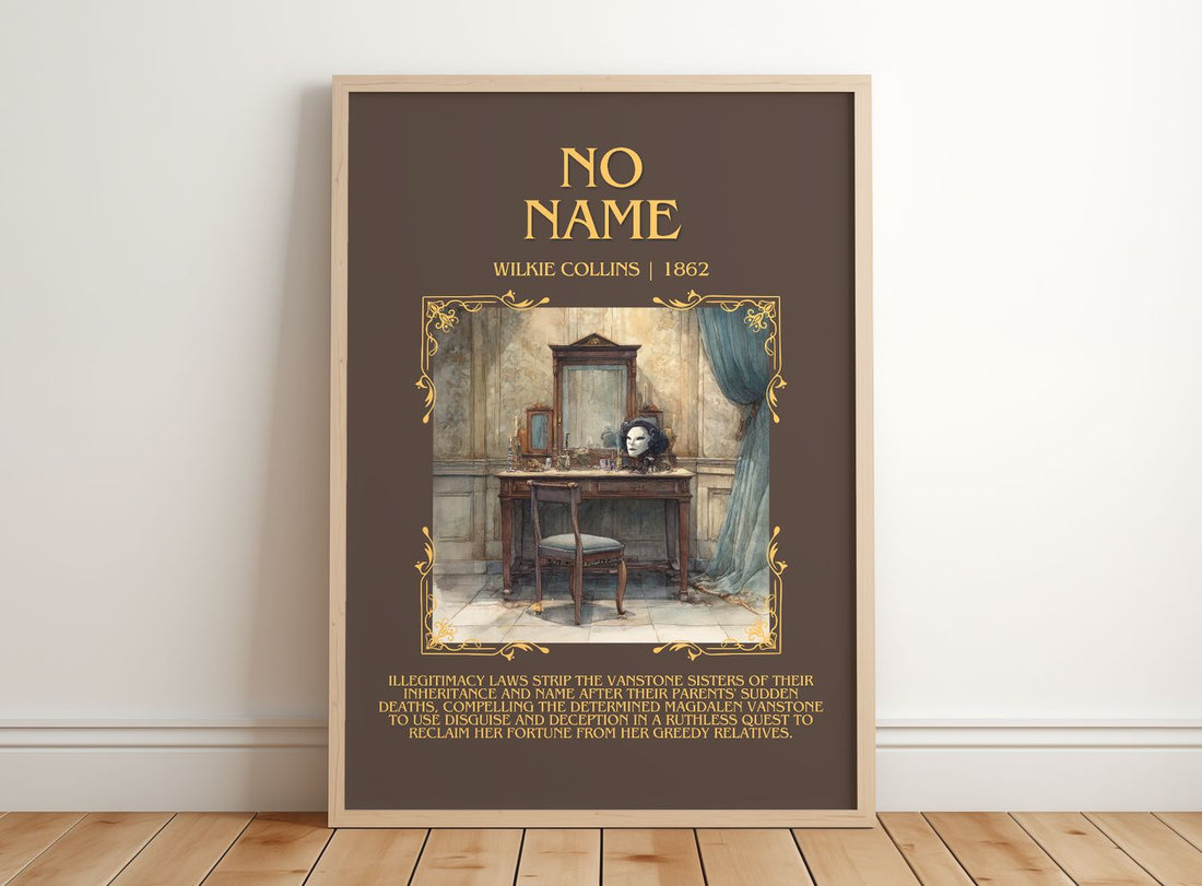 No Name Minimalist Book Poster by Wilkie Collins – framed print leaning on a wooden floor