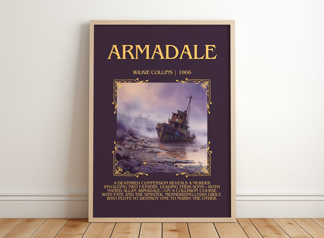 Armadale Minimalist Book Poster by Wilkie Collins – framed print leaning on a wooden floor