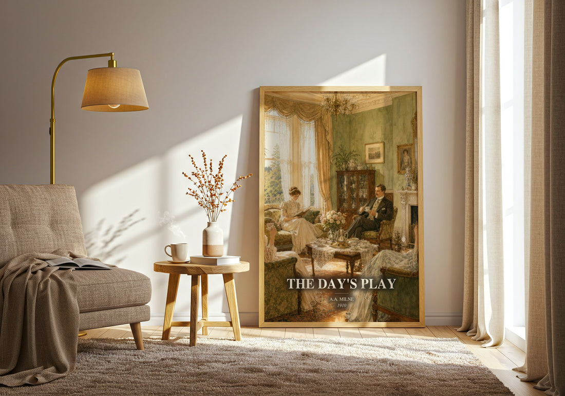 The Day'S Play watercolour print in frame leaning in hallway – non fiction wall art (mockup)