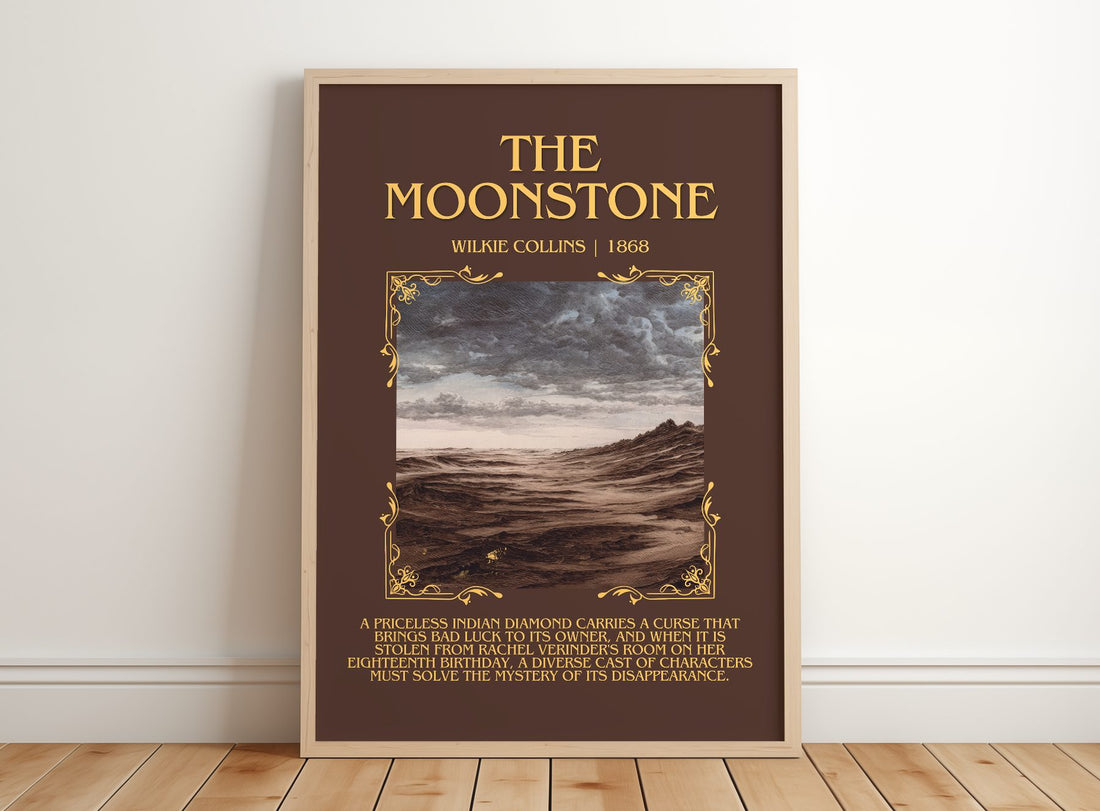 The Moonstone Minimalist Book Poster by Wilkie Collins – framed print leaning on a wooden floor