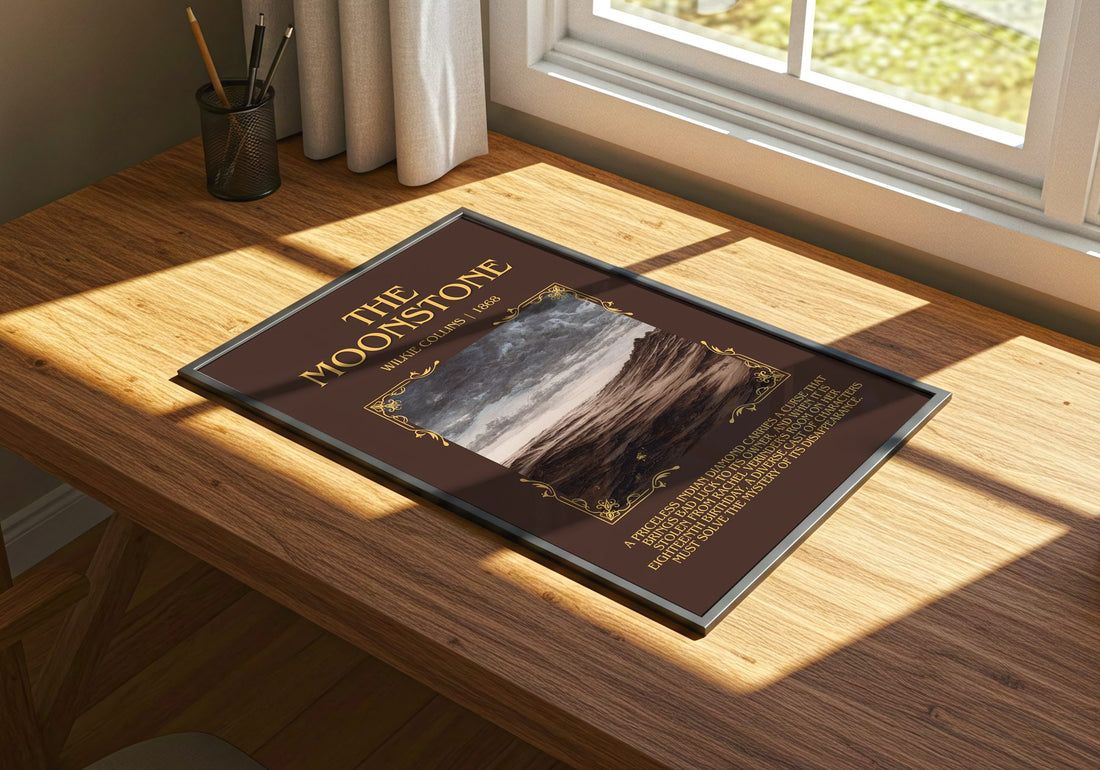 The Moonstone Minimalist Book Poster by Wilkie Collins – print on a sunlit desk