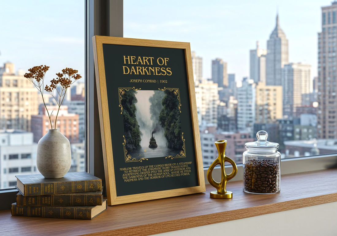 Heart Of Darkness Minimalist Book Poster by Joseph Conrad – framed print on a city-view windowsill