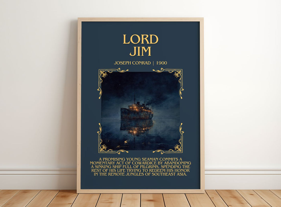 Lord Jim Minimalist Book Poster by Joseph Conrad – framed print leaning on a wooden floor