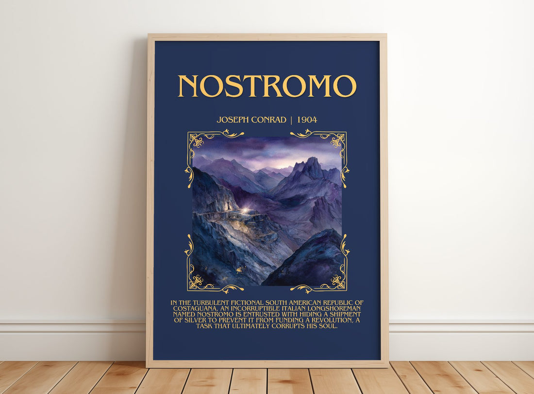 Nostromo Minimalist Book Poster by Joseph Conrad – framed print leaning on a wooden floor