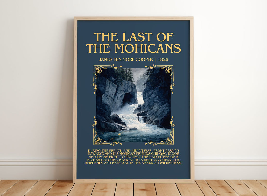 Last Of The Mohicans Minimalist Book Poster by James Fenimore Cooper – framed print leaning on a wooden floor