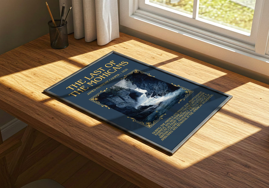 Last Of The Mohicans Minimalist Book Poster by James Fenimore Cooper – print on a sunlit desk