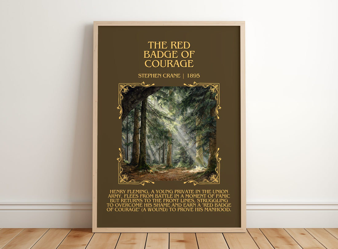 The Red Badge Of Courage Minimalist Book Poster by Stephen Crane – framed print leaning on a wooden floor