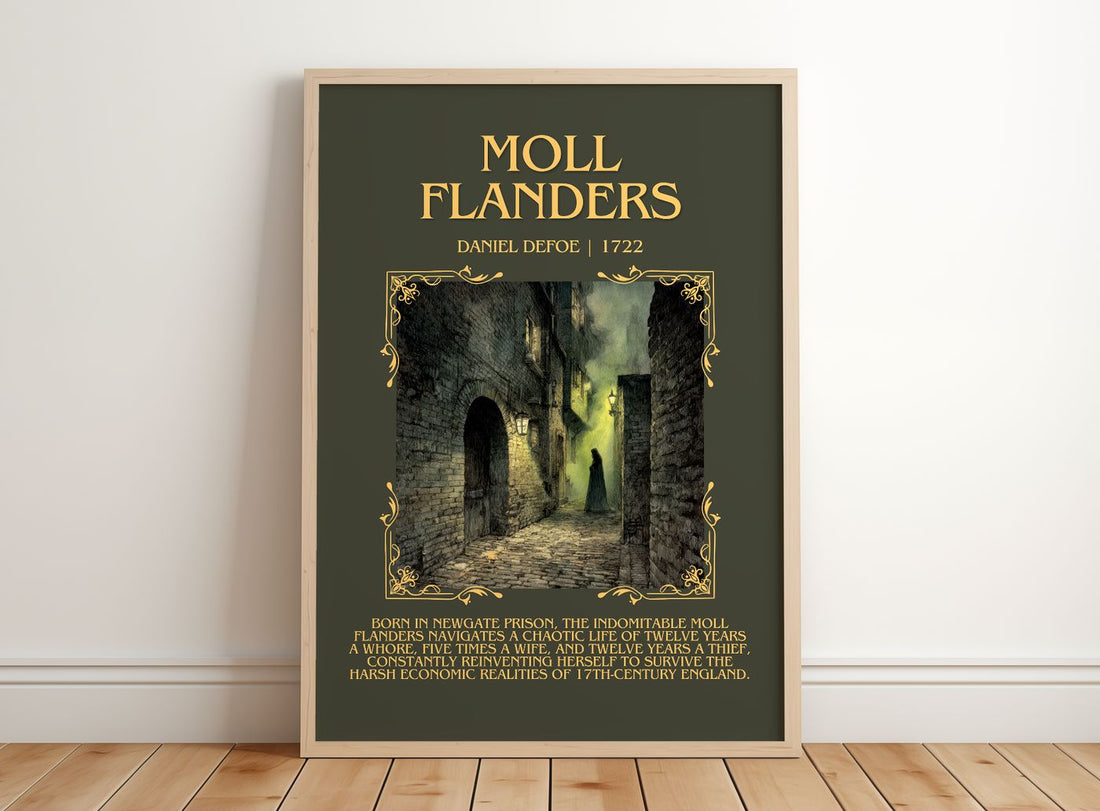 Moll Flanders Minimalist Book Poster by Daniel Defoe – framed print leaning on a wooden floor