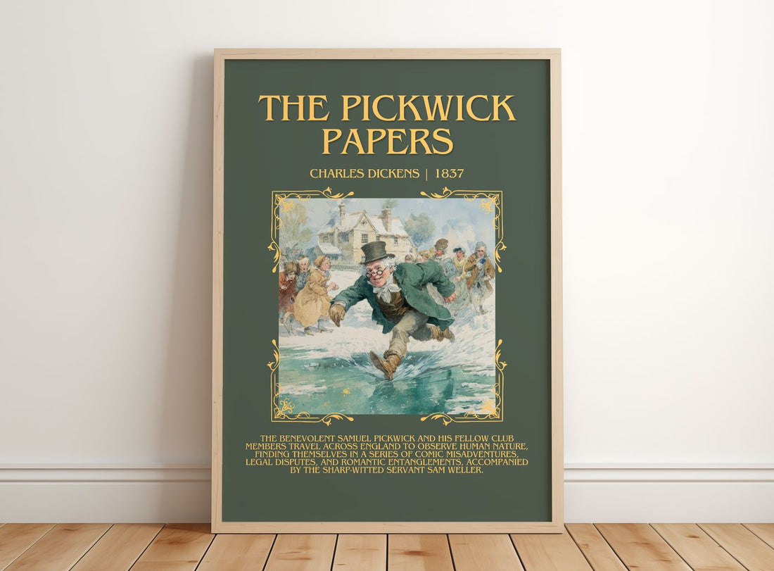 The Pickwick Papers Minimalist Book Poster by Charles Dickens – framed print leaning on a wooden floor