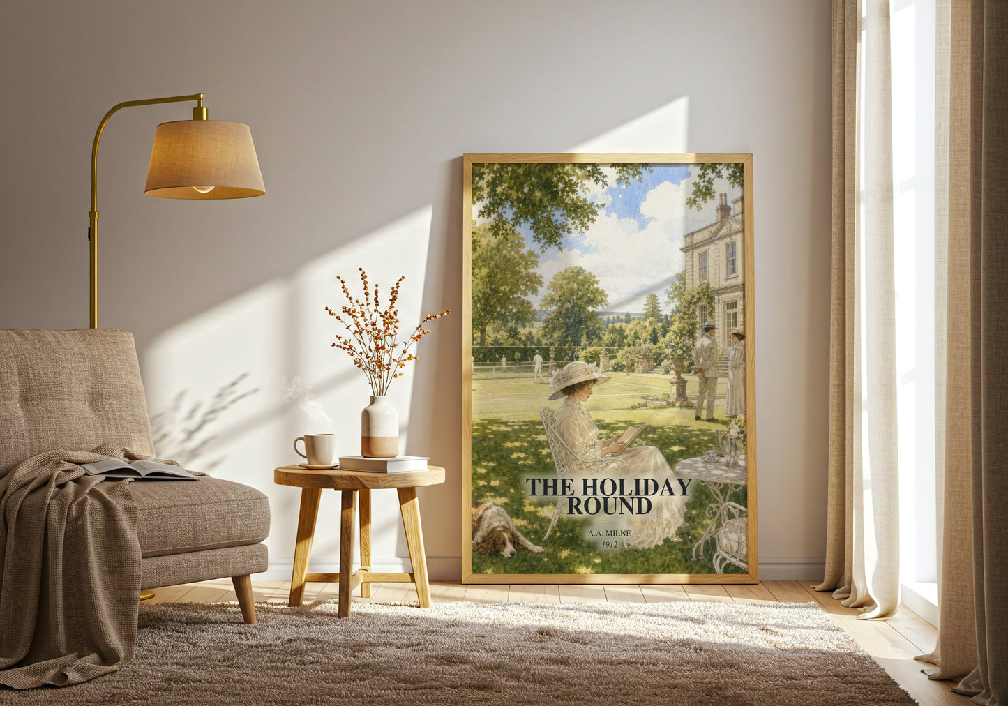 The Holiday Round watercolour print in frame leaning in hallway – non fiction wall art