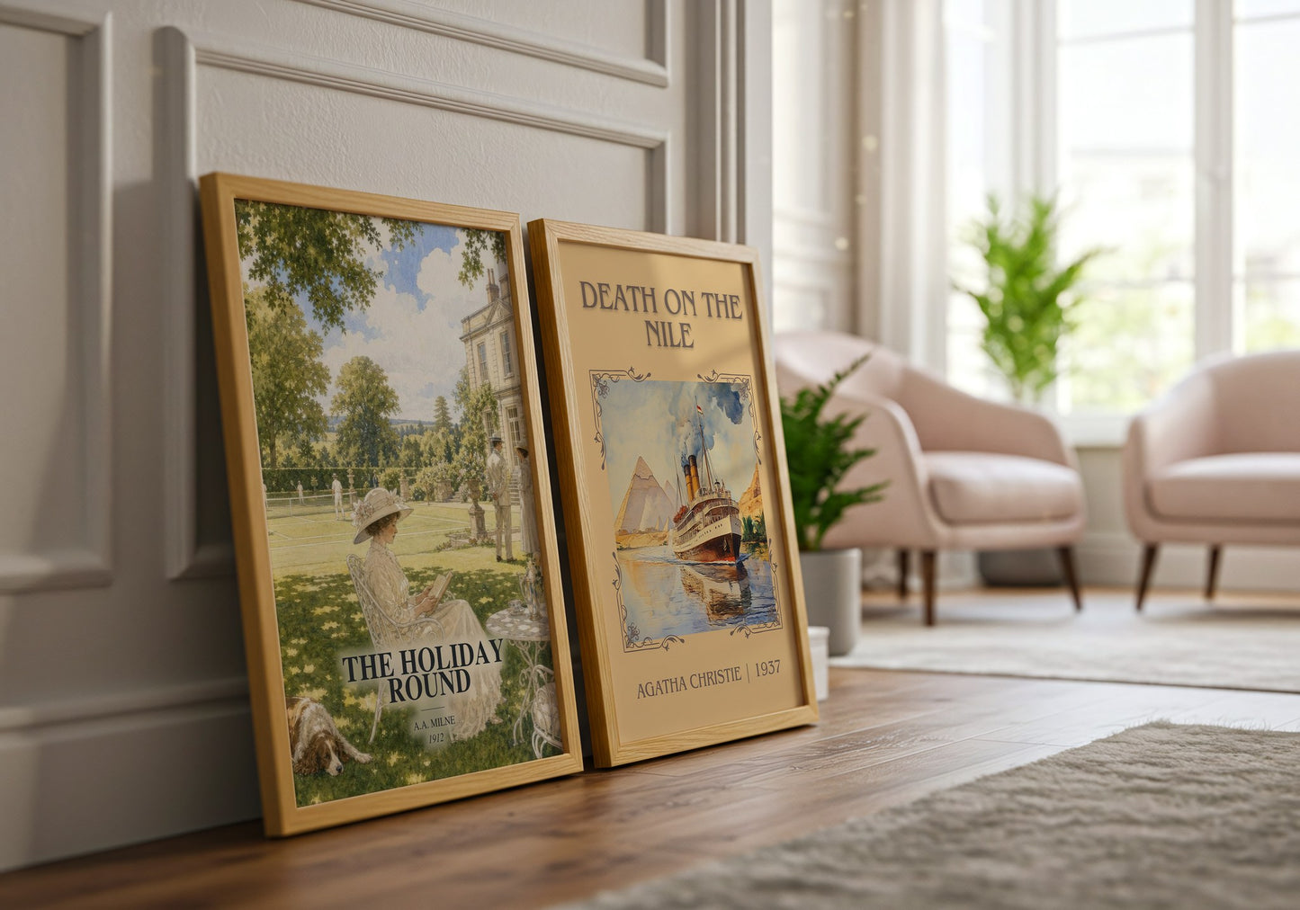 The Holiday Round watercolour print framed by window – literary home decor