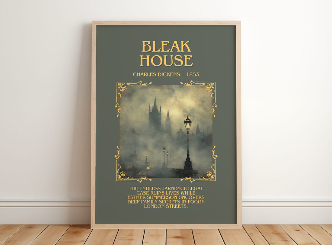 Bleak House Minimalist Book Poster by Charles Dickens – framed print leaning on a wooden floor