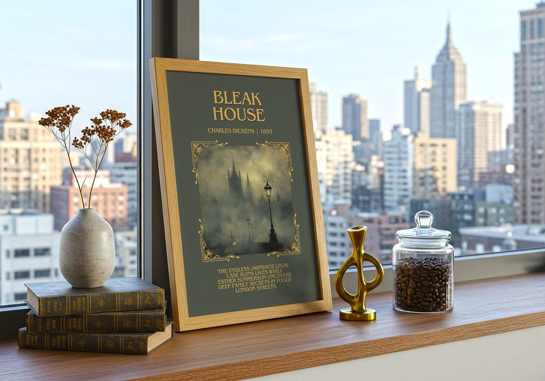 Bleak House Minimalist Book Poster by Charles Dickens – framed print on a city-view windowsill