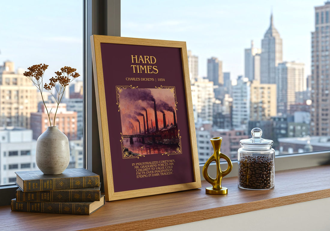 Hard Times Minimalist Book Poster by Charles Dickens – framed print on a city-view windowsill