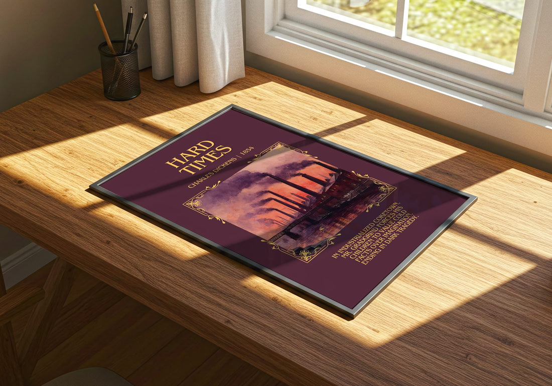 Hard Times Minimalist Book Poster by Charles Dickens – print on a sunlit desk