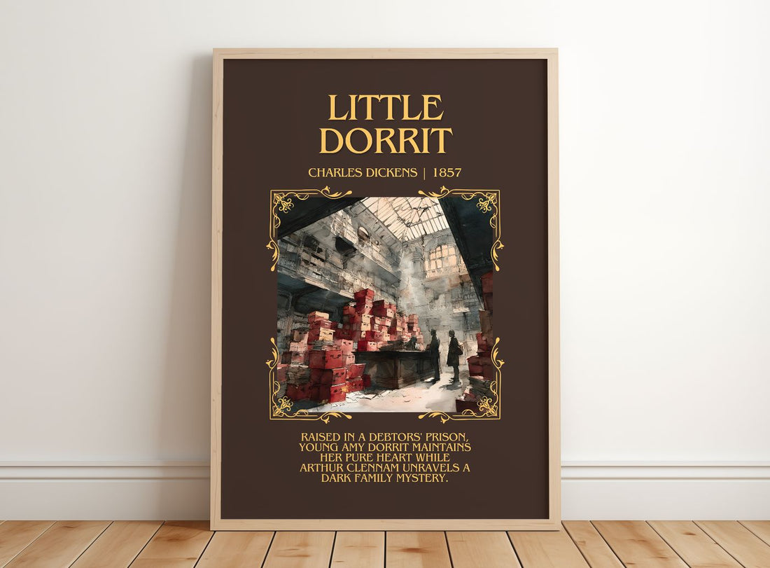 Little Dorrit Minimalist Book Poster by Charles Dickens – framed print leaning on a wooden floor