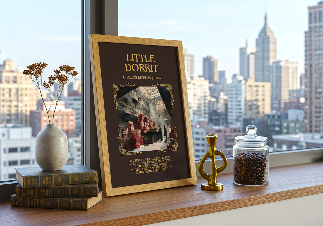 Little Dorrit Minimalist Book Poster by Charles Dickens – framed print on a city-view windowsill