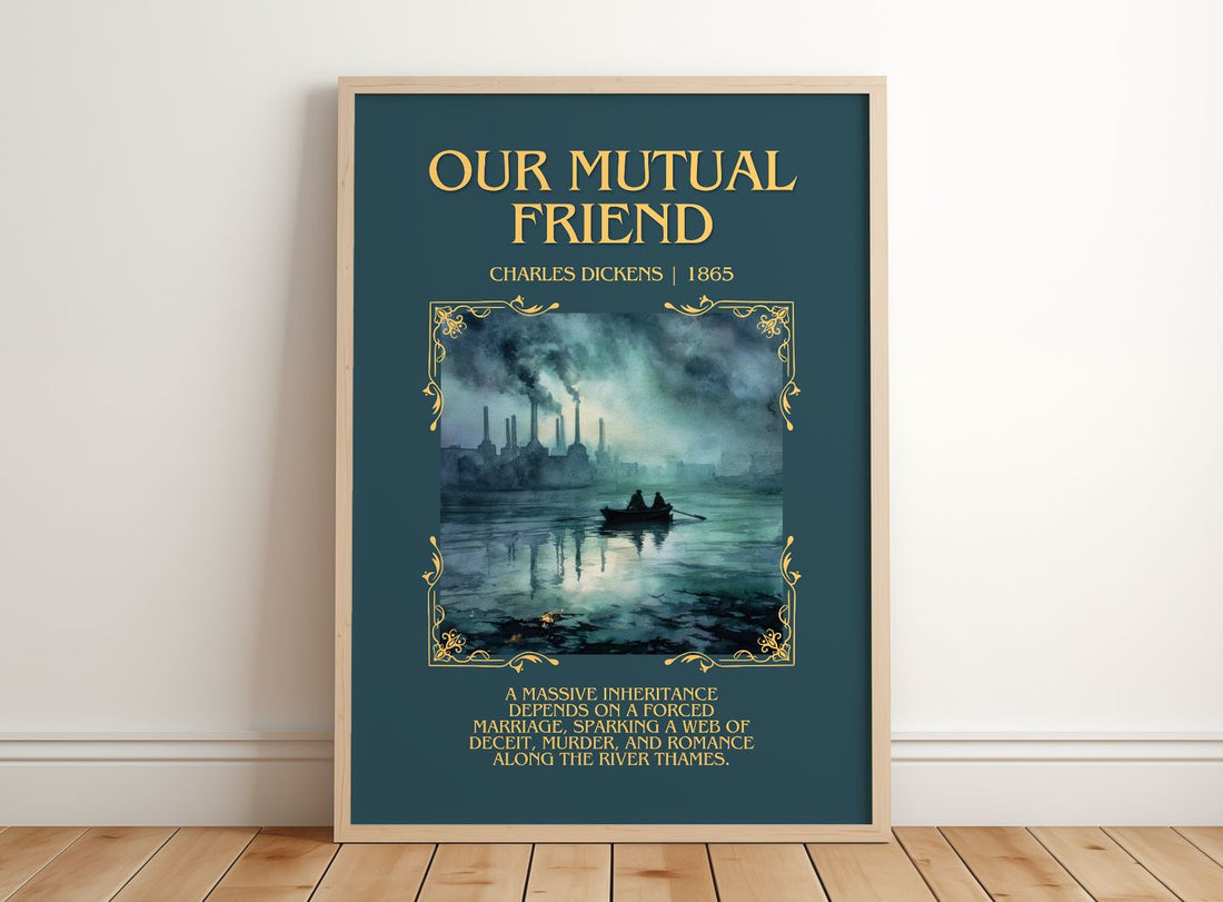 Our Mutual Friend Minimalist Book Poster by Charles Dickens – framed print leaning on a wooden floor