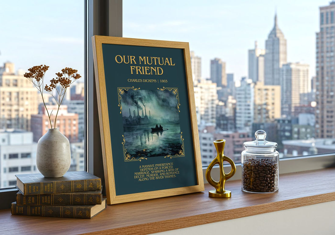 Our Mutual Friend Minimalist Book Poster by Charles Dickens – framed print on a city-view windowsill