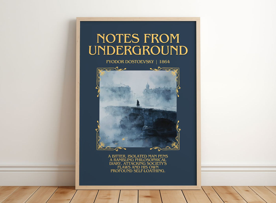 Notes From Underground Minimalist Book Poster by Fyodor Dostoevsky – framed print leaning on a wooden floor