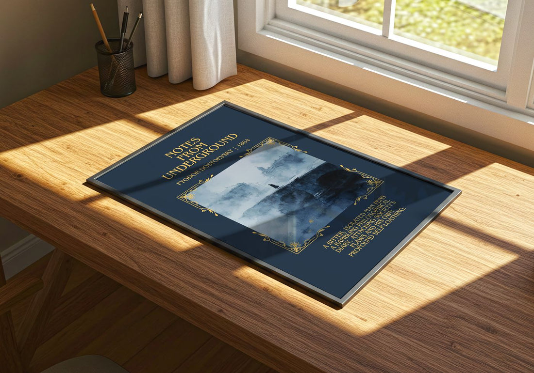 Notes From Underground Minimalist Book Poster by Fyodor Dostoevsky – print on a sunlit desk