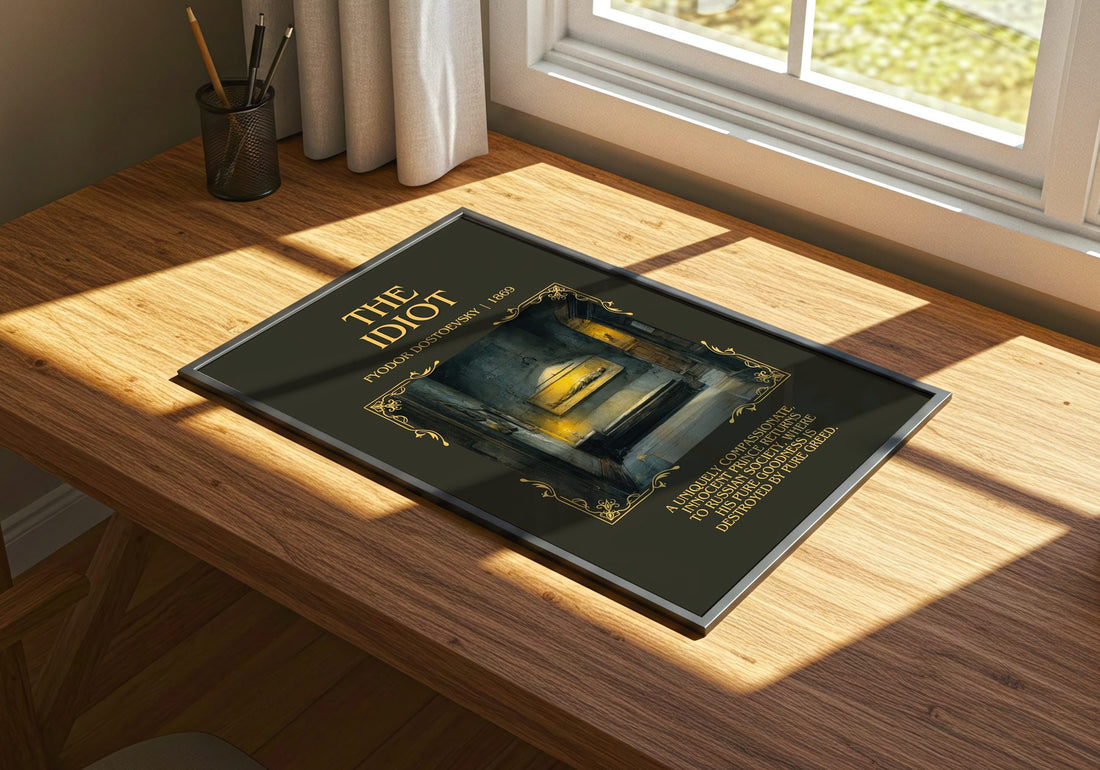 The Idiot Minimalist Book Poster by Fyodor Dostoevsky – print on a sunlit desk