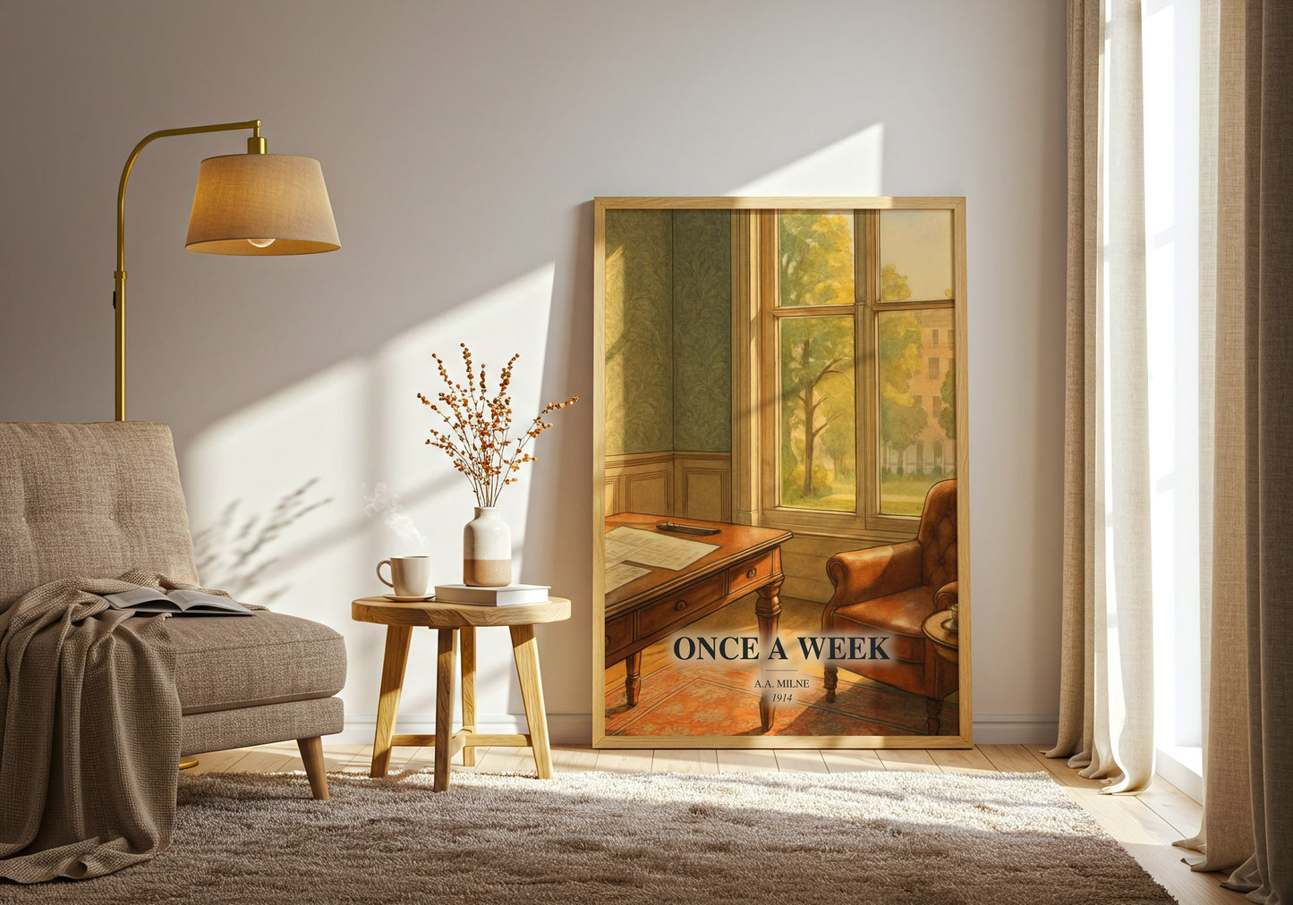 Once A Week watercolour print in frame leaning in hallway – non fiction wall art
