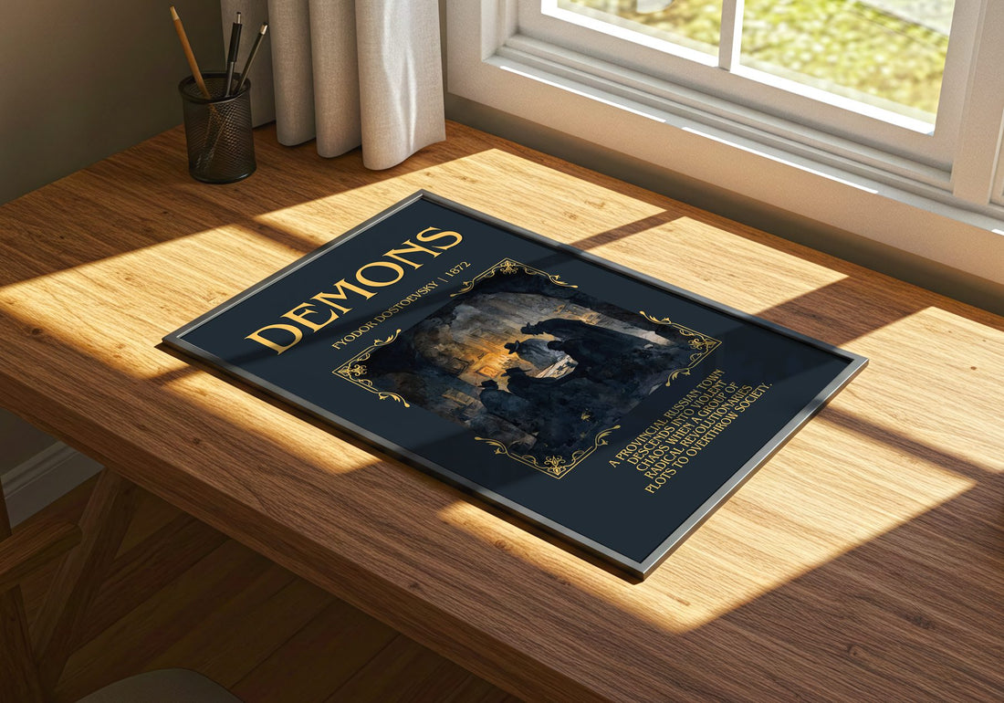 Demons Minimalist Book Poster by Fyodor Dostoevsky – print on a sunlit desk