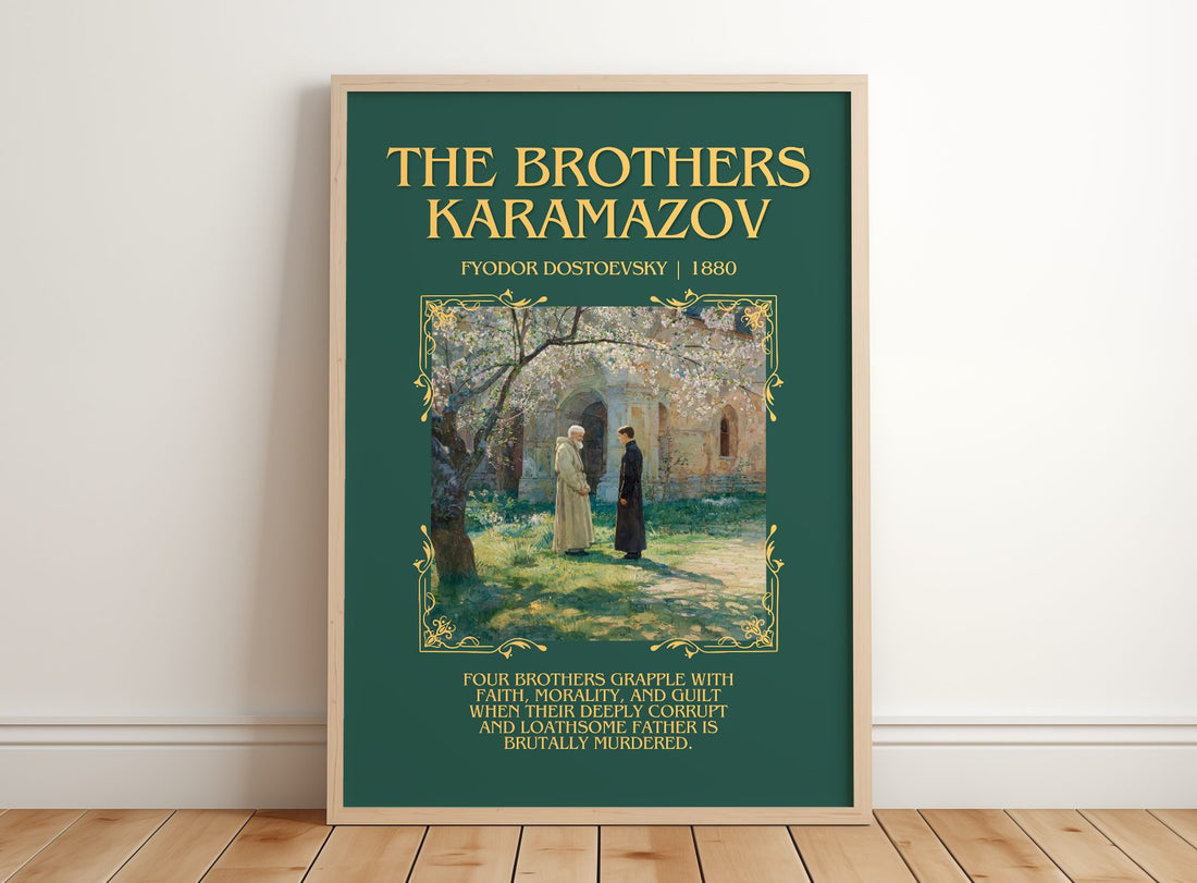 The Brothers Karamazov Minimalist Book Poster by Fyodor Dostoevsky – framed print leaning on a wooden floor