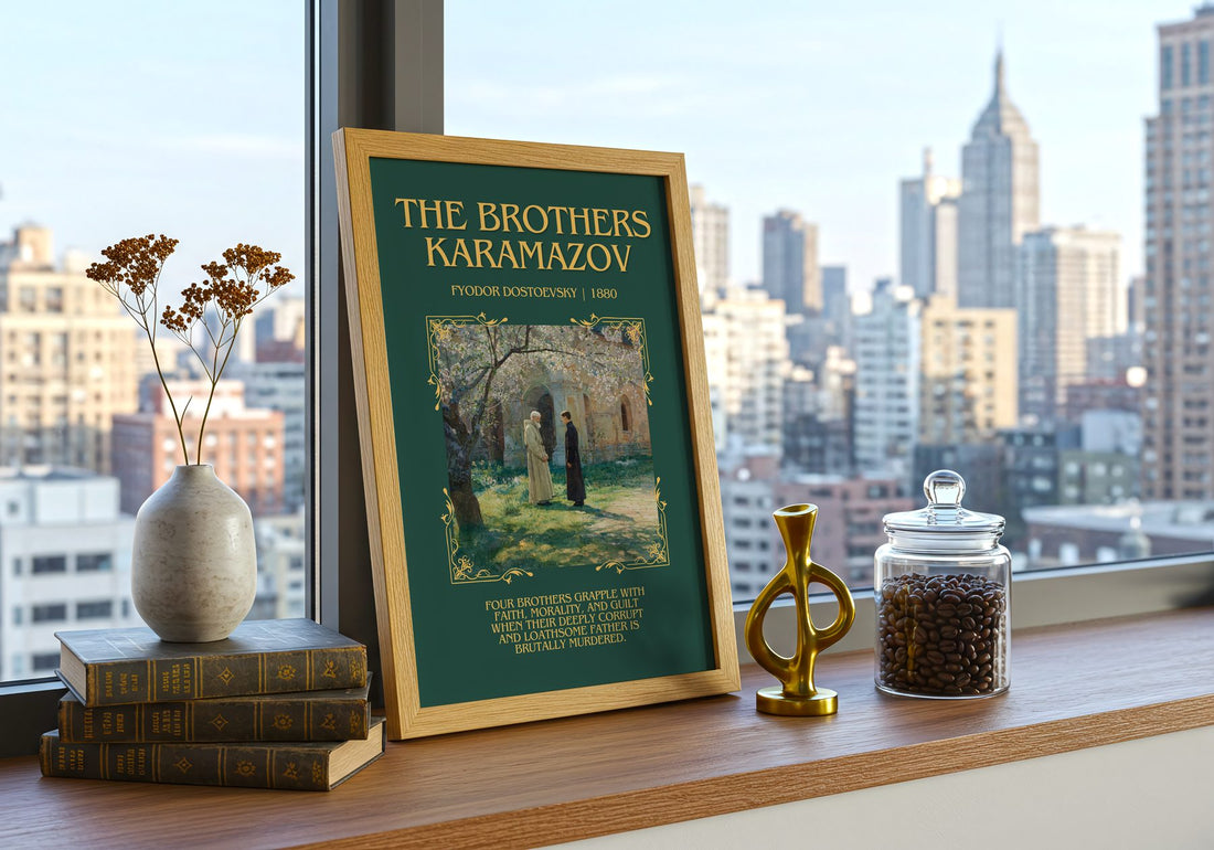 The Brothers Karamazov Minimalist Book Poster by Fyodor Dostoevsky – framed print on a city-view windowsill