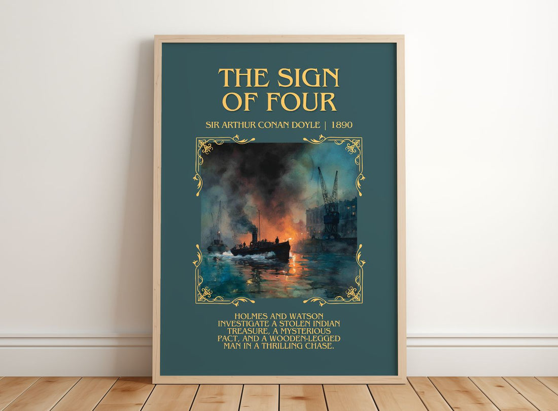 The Sign Of Four Minimalist Book Poster by Sir Arthur Conan Doyle – framed print leaning on a wooden floor