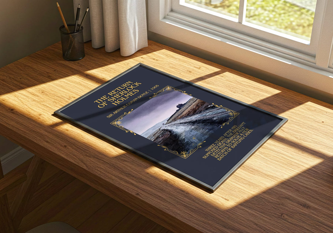 Return Of Sherlock Holmes Minimalist Book Poster by S. Doyle – print on a sunlit desk