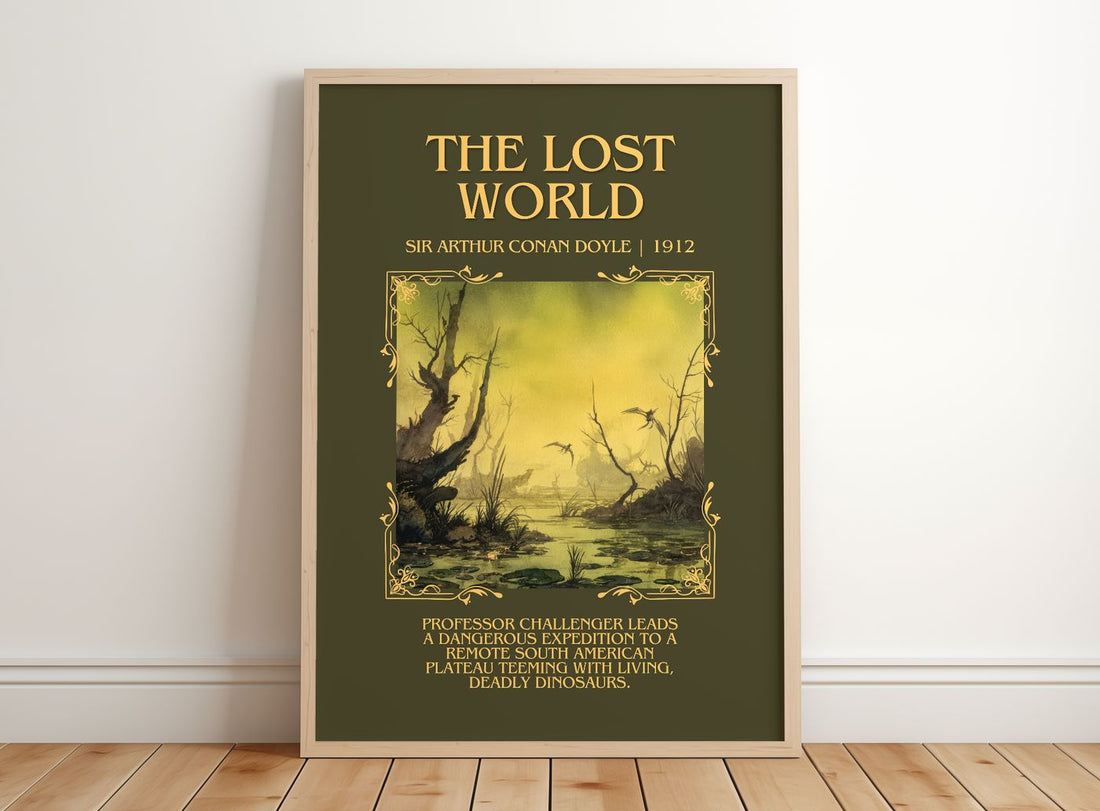 The Lost World Minimalist Book Poster by Sir Arthur Conan Doyle – framed print leaning on a wooden floor