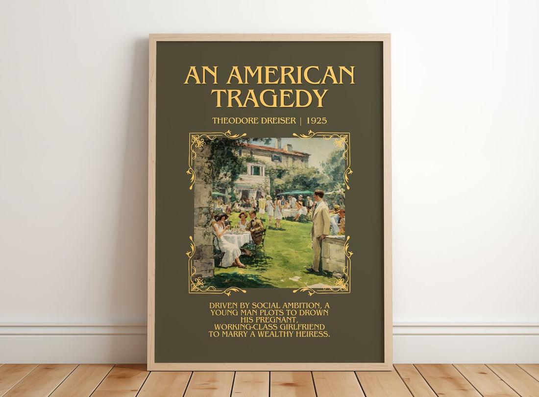 An American Tragedy Minimalist Book Poster by Theodore Dreiser – framed print leaning on a wooden floor